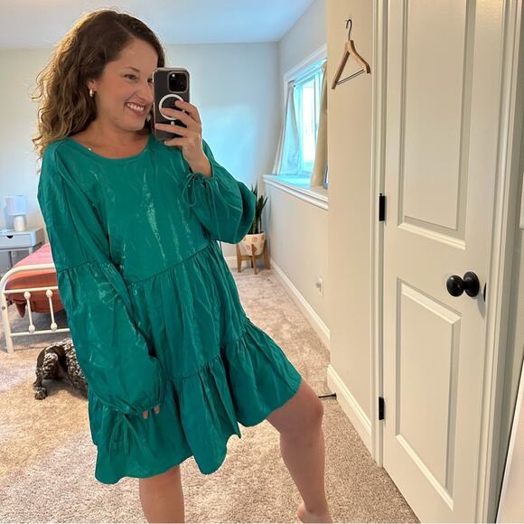 NWT GLAMOROUS Blue Teal Metallic Iridescent Long Sleeve Mini Dress 10 - Picture 14 of 15